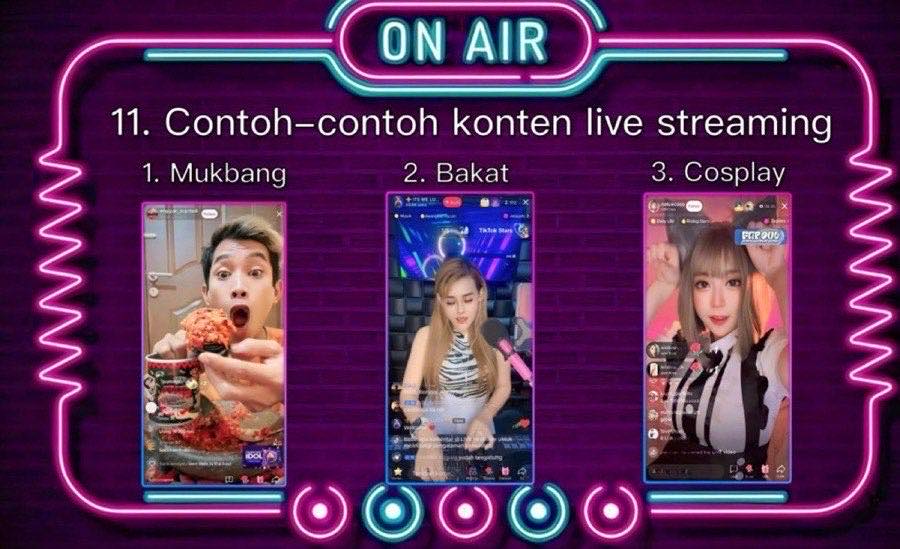 Contoh konten live streaming: mukbang, bakat, dan cosplay