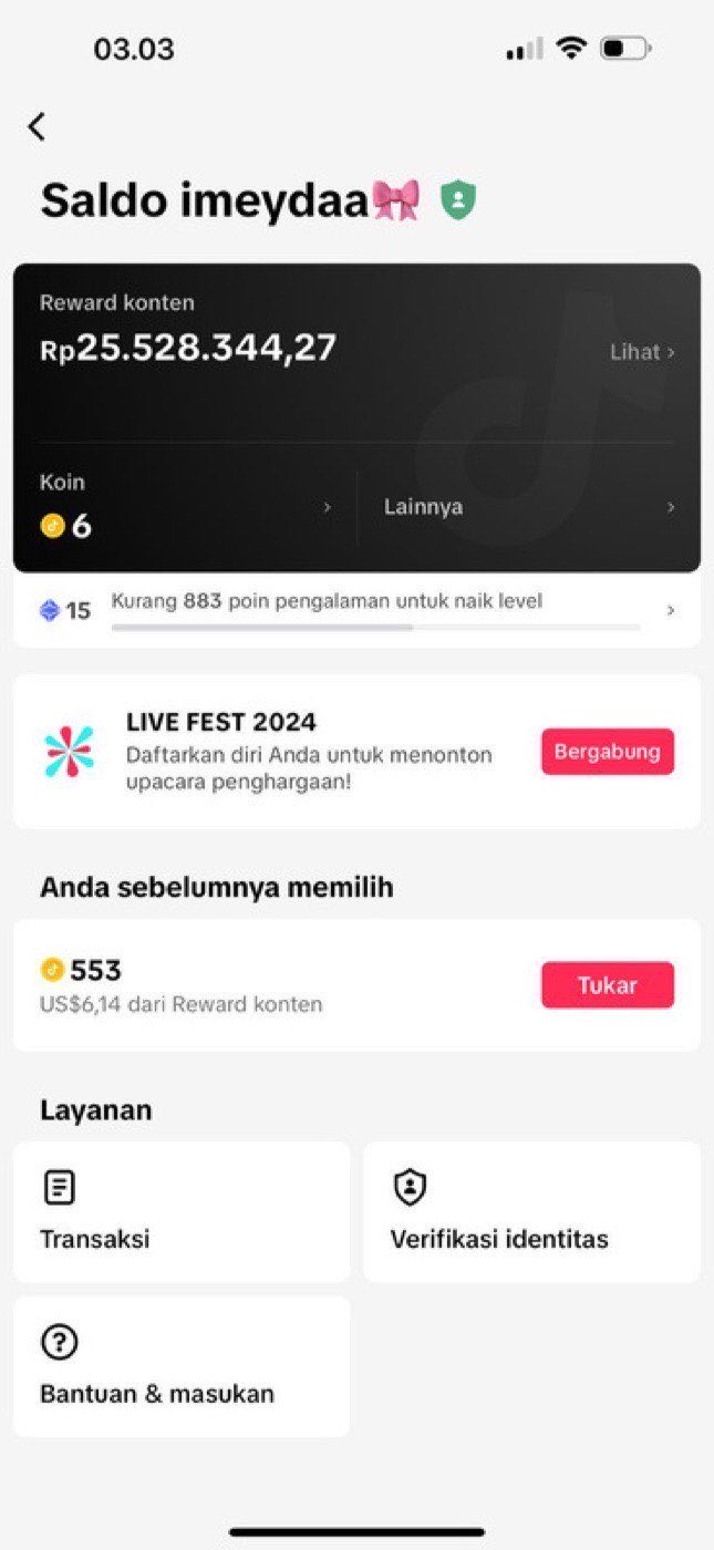 Tangkapan layar saldo penghasilan kreator HOPS Entertainment